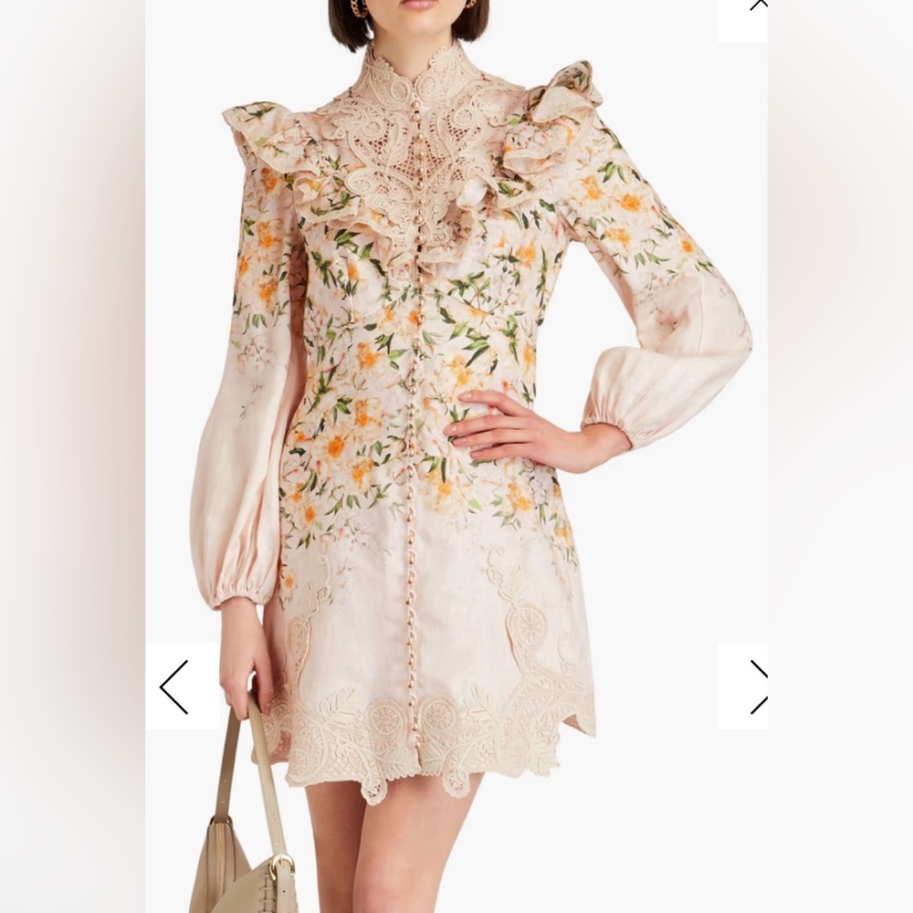 Lace-trimmed ruffled floral-print linen mini dress
